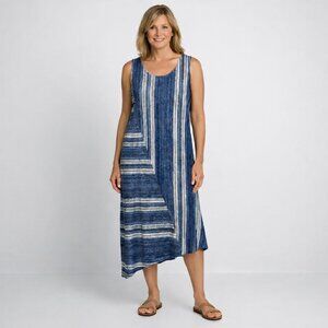 Chicos Womens Striped Asymmetrical Sleeveless Midi Dress Size 1 (M) Blue Resort